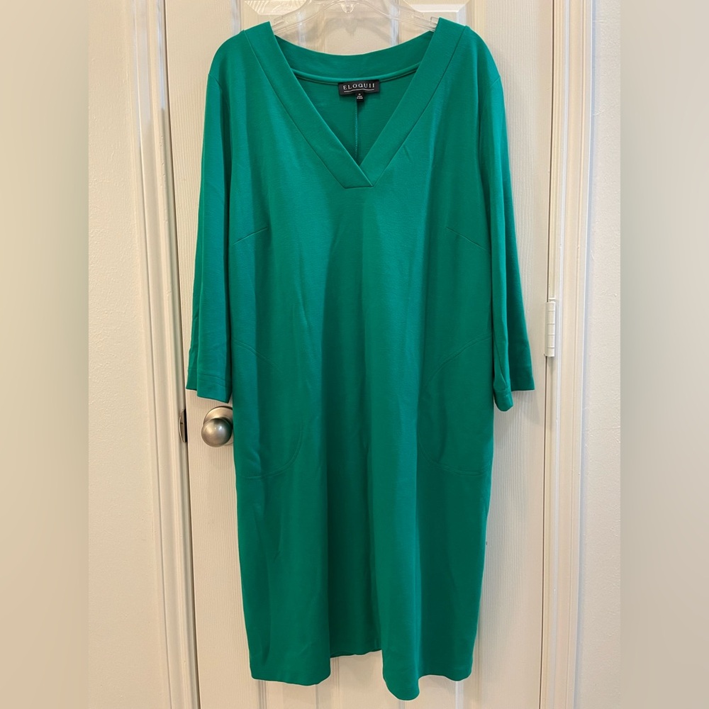 Eloquii‎ Kelly Green Shift Dress 16 Pockets V-Neck Long Sleeve Midi Length